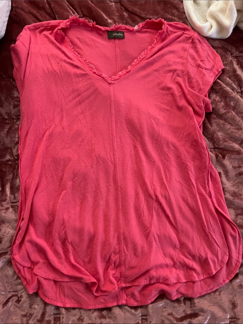 crosby. Frayed V-Neck Short Sleeve Tee - Hot Pink